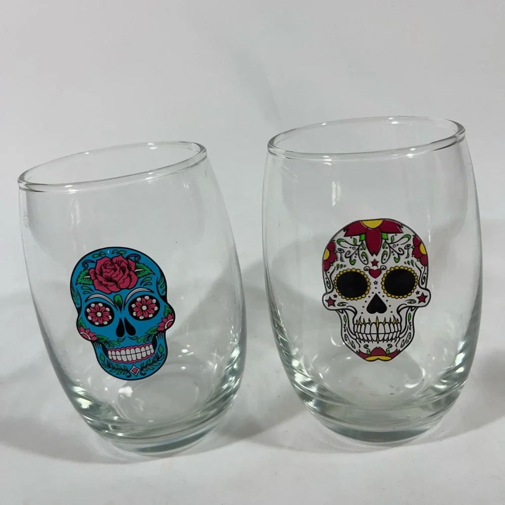 SUGAR SKULL DAY OF THE DAY HALLOWEEN 5” STEMLESS WINE‎ GLASSES SET 2 BLUE/WHITE
